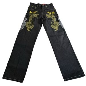 Mens Jeans 32 Black Denim Embroidery Snake Casual Pants Trousers HipHop